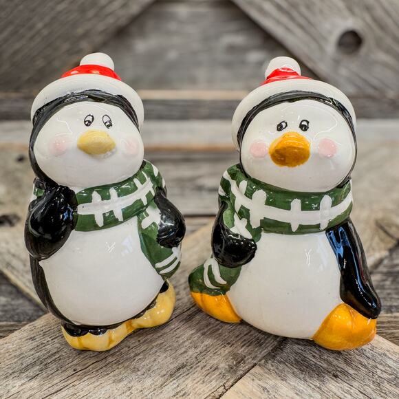 Winter Holiday Penguins Salt and Pepper Shaker Set, Holiday Kitchen Decor-4.25"H - Picture 1 of 7